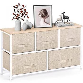 Pipishell Cajonera para Armario, Cómoda Dormitorio 5 Cajones, Cajones de Tela con Parte Superior de Madera, Cajas organizadoras para armarios, Dormitorio, Cuarto de bebé, Pasillo, Beige