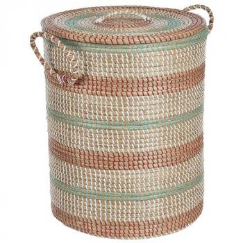 Cesta Boho Tejida a Mano de Hierba Marina con Tapa y Asas - Accesorio Decorativo Natural para Almacenamiento con Patrón Decorativo