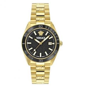 Reloj Versace V-Dome Hombre Esfera Negra Pulsera de Acero Inoxidable Dorado 42mm Swiss Made con Índices Luminosos y Fecha