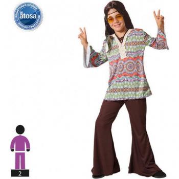 Disfraz de Hippie con Estampado para niño, incluye camiseta de manga larga con estampado psicodélico, pantalones acampanados, diadema a juego y cinturón. Talla disponible para niños de 7