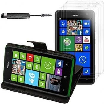 kwmobile 5en1:Elegante funda de cuero sintético para el Nokia Lumia 625 con cierre magnético y función de soporte en negro + 3x Lámina, transparente + Stylus, negro
