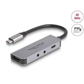 Adaptador USB-C a HDMI 4K 60Hz con 2x3.5mm y cable de 15 cm, gris