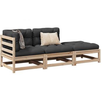 Set de Sofás de Jardín 3 Pzas con Cojines - Madera Maciza de Pino Marrón