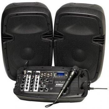 DENVER DJ-200 Sistema de DJ con mezclador, amplificador, 2 altavoces de 100W RMS, Bluetooth, USB, MicroSD, 4 XLR, entradas phono y efecto digital para canales 1-4
