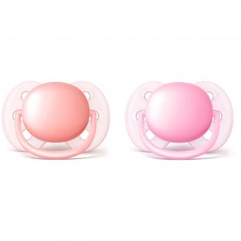 Philips Avent SCF213/20 - Pack de dos chupetes ultra suaves y flexibles, diseño liso, 0-6 meses, niña, color roza durazno/roza claro
