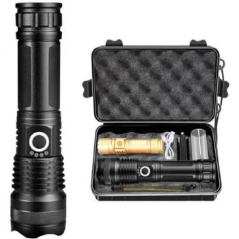Linterna LED Recargable Alta Potencia MAGIC SELECT con Indicador de Batería, Impermeable, Carga por USB, Color Dorado, Incluye Caja de Seguridad, Cordón y Cable Micro USB, Resistente, 5