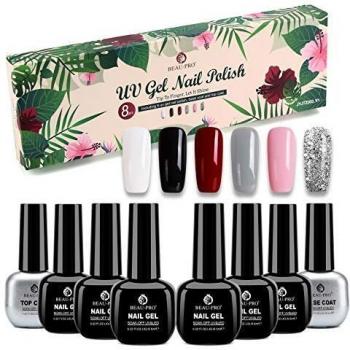 BEAU-PRO Esmaltes Semipermanentes, 6+2 Colores Pintauñas Semipermanente de Uñas en Gel UV/LED con Capa Base y Superior, Esmalte Permanente Esmaltes de Uñas de Color Nude y Brillo Glitter