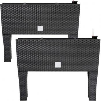 Set de 2 Maceteros Elevados de Polirratán Antracita con Sistema de Riego - 60x25x46 cm - Capacidad 30L