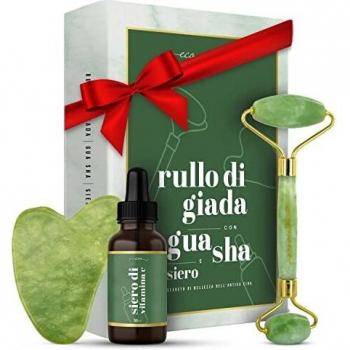 Jade Face Roller and Gua Sha Scraper Set for Face with Vitamin C & Hyaluronic Acid Serum - Facial Skin Massage, Skincare Massager Gift Set, Natural Stone Massage & Toner Also for Neck & Dark Circles