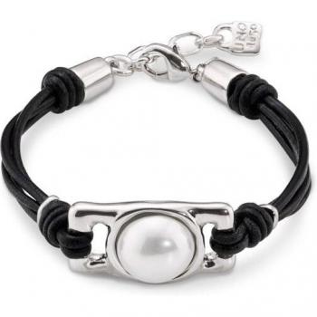 UNO de 50 Brown Leather Bracelet with Rectangular Sterling Silver Charm and Pearl