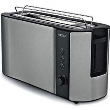 HAEGER Supra INOX - Tostadora Multifunción con 1000W - Exterior en INOX, Control electrónico de Tostado - 6 Posiciones, 3 Funciones: recalentar, descongelar y cancelar, Salto y Cierre automático.