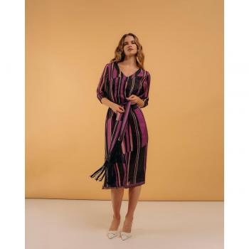 Vestido Midi Escote Pico Manga Corta Estampado Líneas Mujer