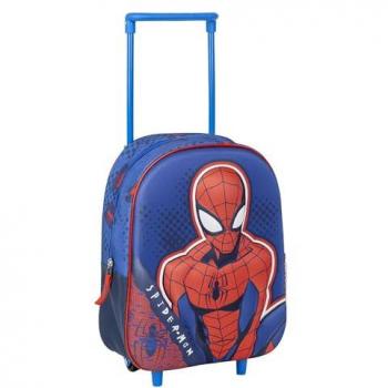Mochila Infantil Trolley 3D Spiderman, Azul y Rojo, Espaciosa y Escolar