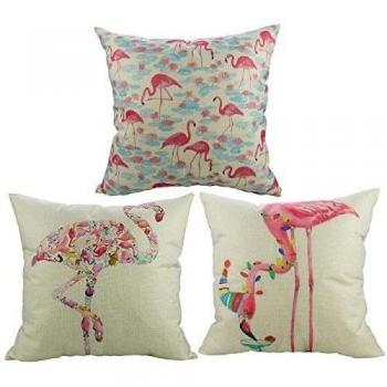Luxbon 3 Funda Cojin Almohada Flamenco Pájaro Rosa Navidad Lino Duradero Decoracion para Sofá Cama Coche 45x45cm 18x18