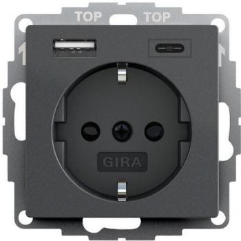 Toma de Corriente Schuko con USB-A y USB-C, 2 Salidas, Protección Táctil Aumentada, Sistema 55, Color Antracita - Gira 245928