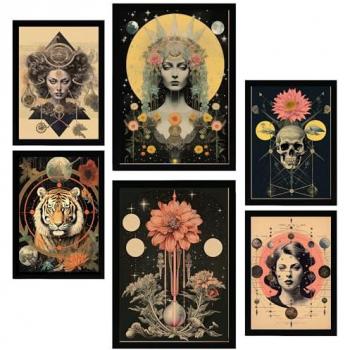 Set de 6 Pósters Collage Surrealistas Esotéricos para Decoración de Paredes - Estilo Místico A3 y A4 Sin Marco