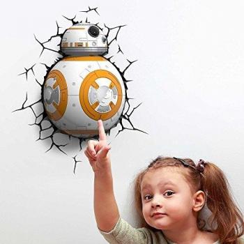 Luz de noche niños LED – Lámpara Star Wars BB-8 – 3D Light FX - Luz de pared con minutero y pegatina de pared – Funciona con Pilas