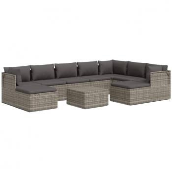 10 Piece Grey Poly Rattan Garden Lounge Set with Cushions