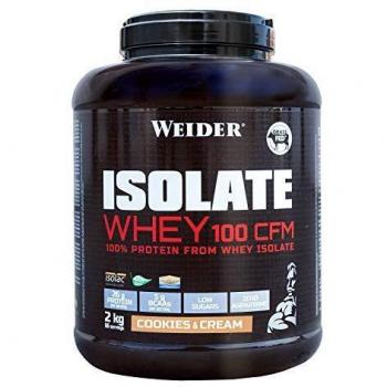 Weider Isolate Whey 100CFM 2000 gr Cookies. 100% aislado de proteina de suero. Cero azúcar, cero aspartamo, con stevia, con dygezime, con BCAA, apto para veganos. Isolac. Para dietas keto.