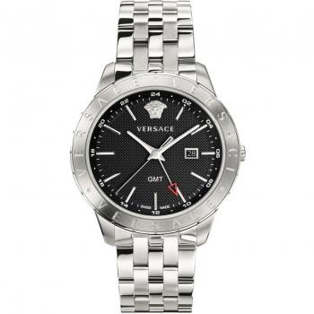 Versace Silver Stainless Steel Bracelet Black Dial GMT Watch for Men, Gray, Size: ONE SIZE