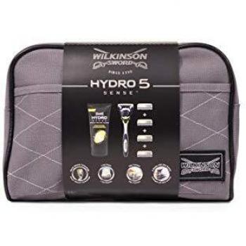 Wilkinson Sword Hydro 5 Sense Washbag Set - Pack de maquinilla de afeitar de 5 hojas para hombre + 4 recambios de cuchillas + crema de afeitar Hidratante y anti Irritación + neceser Exclusivo