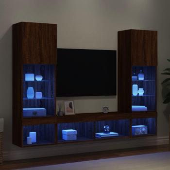 Mueble de TV pared con LED 5 piezas madera ingeniería marrón roble