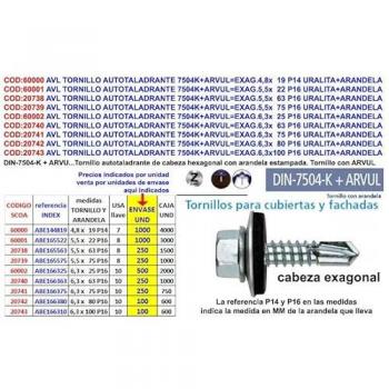 Tornillo autotaladrante AVL 7504K+ARVUL exagonal 4,8x19 P14 Uralit (caja 1000 unidades)