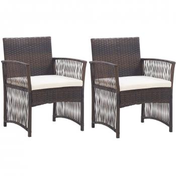 Brown Poly Rattan Garden Armchairs with Cushions - Set of 2