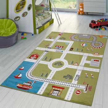Alfombra para habitación infantil, diseño de ciudad y puerto, color verde, verde, 120 x 170 cm
