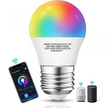 Aigostar Bombilla LED inteligente WiFi G45, 5W, E27 rosca gorda, RGB+CCT. Regulable multicolor + luz cálida o blanca 3000 a 6350K, 350lm. Compatible Alexa y Google Home [Clase energética A +]