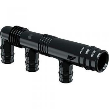 Colector cónico Q&E PPSU 25 4X16 c/c45+2X35, con roscas macho/hembra acorde a EN 10226-1, posibilita realizar una instalación higiénica completamente en plástico, color negro