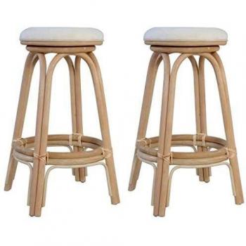 vidaXL 2X Taburetes Altos Cocina Bar Barra Ratán Natural Asiento Tapizado Tela Acolchado Reposapiés Set 2 Sillas Altas Redondas Mimbre Marrón Crema