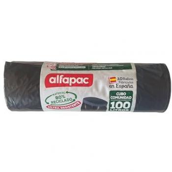 Bolsas de basura ALFAPAC 15 unidades de 10 litros con autocierre, medidas 45x47 cm; Bolsas de basura ALFAPAC 10 unidades 'Cubo Comunidad' de 100 litros, medidas