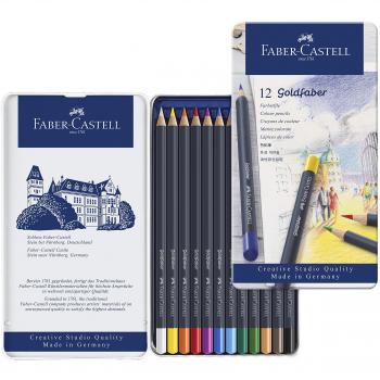 Faber-Castell 114712 - Estuche de metal con 12 ecolápices acuarelables hexagonales Goldfaber, colores surtidos