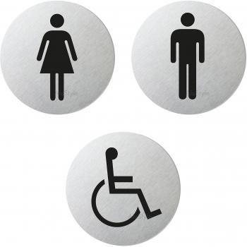 Placas para puerta - Baño Mujeres + Hombres + Minusválidos Ø 75 mm Juego de 3 Aluminio cepillado No.6702-S
