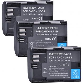 Paquete de 3 Baterías Li-Ion 2650mAh LP-E6 con Cargador Doble LCD para Canon EOS 5DS, 5D Mark II, III, 6D, 7D,