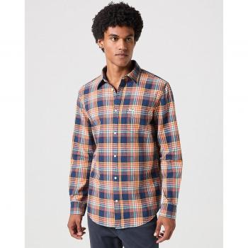 Wrangler - Camisa de hombre de corte classic con cuadros en color azul, manga larga, 1 bolsillo en el pecho