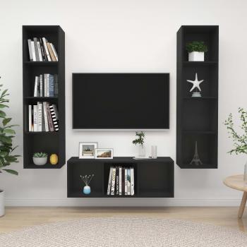 vidaXL Juego de muebles de salón 3 piezas madera de ingeniería y aglomerado negro, incluye Mueble de Salón, Mueble TV, Mesa de TV