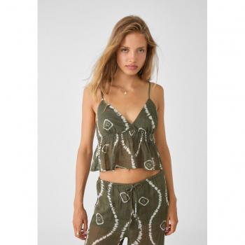 Flowing Printed Khaki Top with Tie Detail - XL