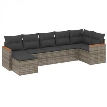 7-Piece Grey Poly Rattan Garden Sofa Set with Cushions