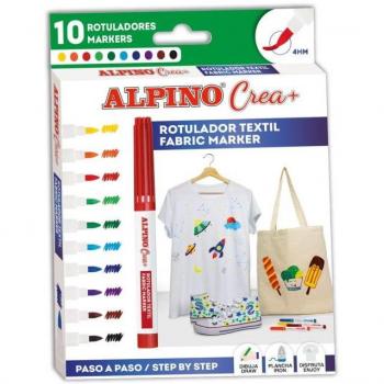 Alpino Crea+ Textil Estuche de 10 Rotuladores para Tejidos, Colores Surtidos