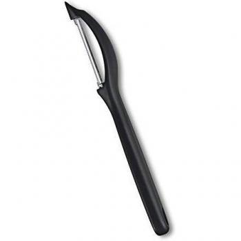 Victorinox Pelador universal para frutas y verduras, sumamente afilado, con filo dentado, corte bidireccional y mango ergonómico, color negro