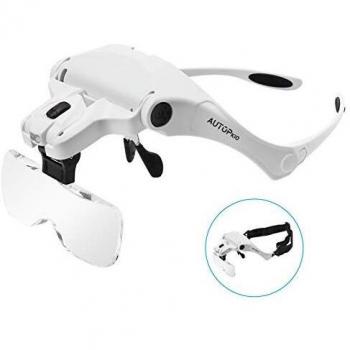 AUTOPkio Lentes de Aumento, Lupa con luz 2 LED, Lupas de Gran Aumento para Modelismo, Reparaciones, Coser, Joyería y Relojería, Intercambiables 5 Lentes 1.0X, 1.5X, 2.0X, 2.5X, 3.5X