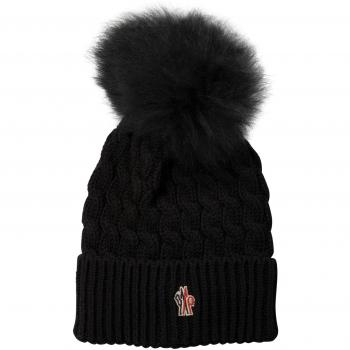 Moncler Women's Black Pom Pom Ribbed Wool Beanie Hat - One Size