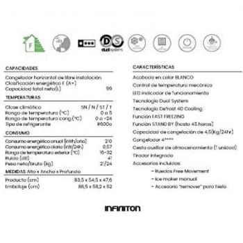 INFINITON CH-MF10 - Congelador horizontal, 99 Litros, Blanco, Dual System, Defrost 4D Cooling, Congelador