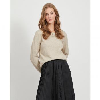 Vila Women's Round Neck Knit Sweater with Fine Knitting Details, Offwhite, Size XS