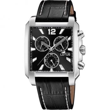 Reloj Lotus 18851/4 Chrono para Hombre con Esfera Negra, Caja de Acero Inoxidable 316L Gris Plata y Correa de Piel Negra