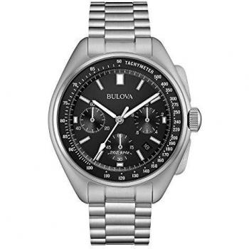 Bulova Men's Designer Chronograph Watch Stainless Steel Bracelet - Black Dial Lunar Pilot Wrist Watch 96B258
