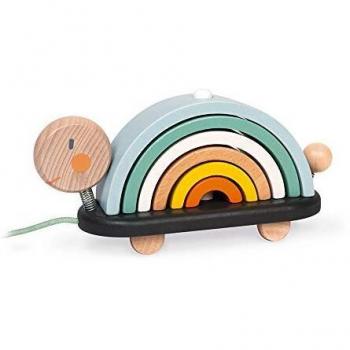 Janod - Tortuga Arco iris de madera - Juego Original de Aprendizaje Infantil, 6 Círculos Apilables - Tortuga para tirar con la cuerda - Juguete de Madera, Pintura al Agua - Desde 18 Meses, J04405