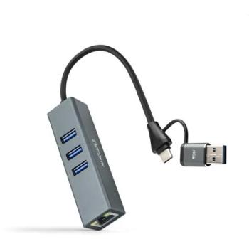 Adaptador Nanocable USB-C y USB-A a Ethernet Gigabit + Hub 3xUSB 3.0, Aluminio, Gris, 15 cm